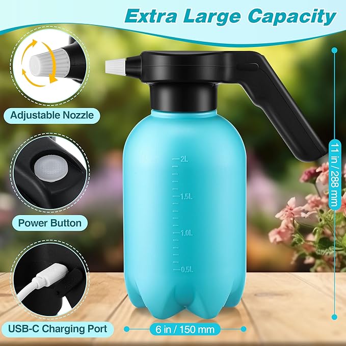 Electric Spray Bottle Plant Mister for Indoor Outdoor Plants, 0.5 Gallon Automatic Watering Can Rechargeable Battery Powered Sprayer with Adjustable Spout for Gardening, Cleaning (Blue Style)