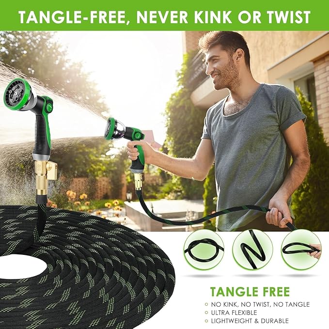 Non-Expandable Garden Hose 150 ft, Ultra Lightweight & Flexible Water Hose With 10-Pattern Spray Nozzle, Full Length Leak-Proof Design, High-Density Fabric & Shut-Off Valve, Hose Straps