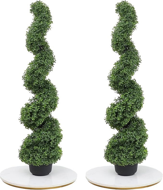 momoplant 43 Inch Artificial Boxwood Topiary Tree Spiral Plants Fake Faux Plant Decor in Plastic Pot Green Indoor or Outdoor, Set of 2