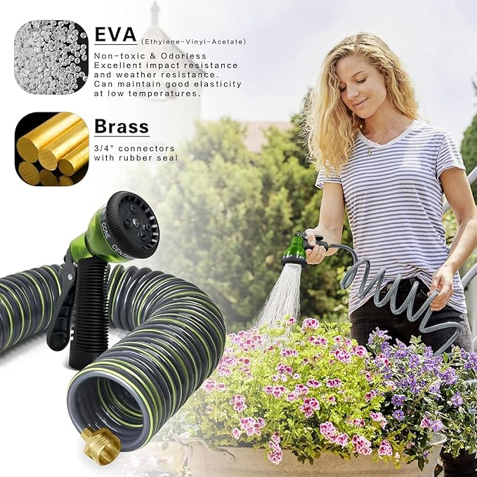 Coil Hose 25FT EVA Coil Garden Hose With 3/4'' Brass Connector Coiled Water Hose Lightweight And No Kink Includes 7 Patterns Spray Nozzle For Outdoors Lawn Watering Car Washing