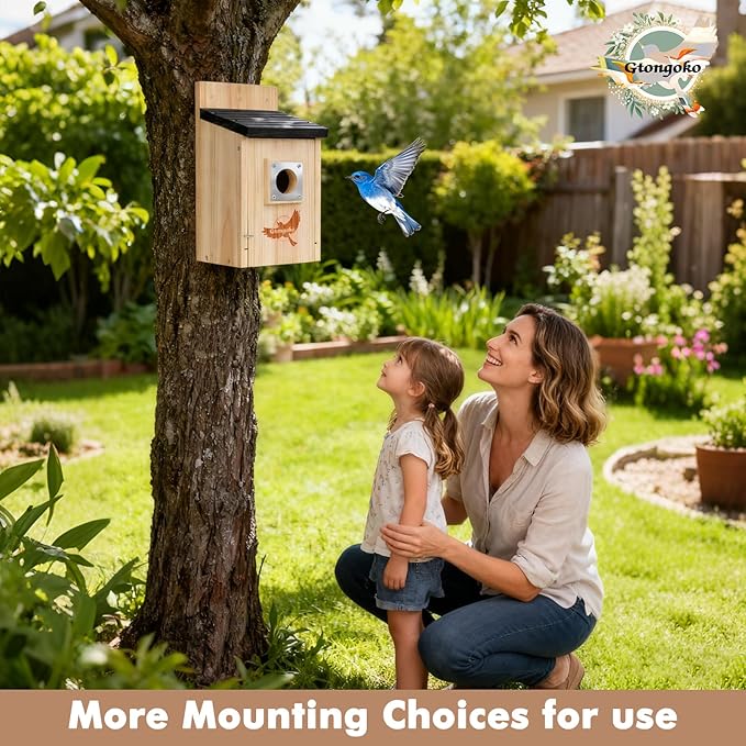 2 Pack Bird Houses for Outside, Bluebird Nesting Box with Metal Predator Guard, 1-1/2" Entrance Hole Wooden Birdhouse Kit for Bluebird Chickadees, Swallows & Finches, Assembly Required