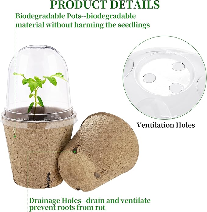 Hahood 60 Set Plant Seeding Pots with Humidity Dome, 3 Inch Brown Biodegradable Seed Starter Pots, Plant Nursery Pots with Plant Labels for Seedlings, Garden Vegetable Germination