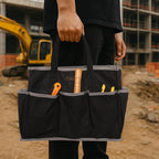 Canvas Tool Tote Bag, Heavy Duty 16oz Waxed Canvas Tool Storage Pouch with 1 Large Compartment & 10 Small Pockets | Multi-Purpose Garden Tool Bag for Horticulturists Mechanics Craftsmen – Black
