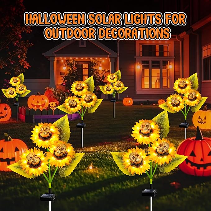 Halloween Decorations Outdoor, 2 Pack Solar Scary Skull Sunflowers Lights,Waterproof Solar Flowers Lights Garden Decor for Halloween Yard Patio Lawn Party Decor