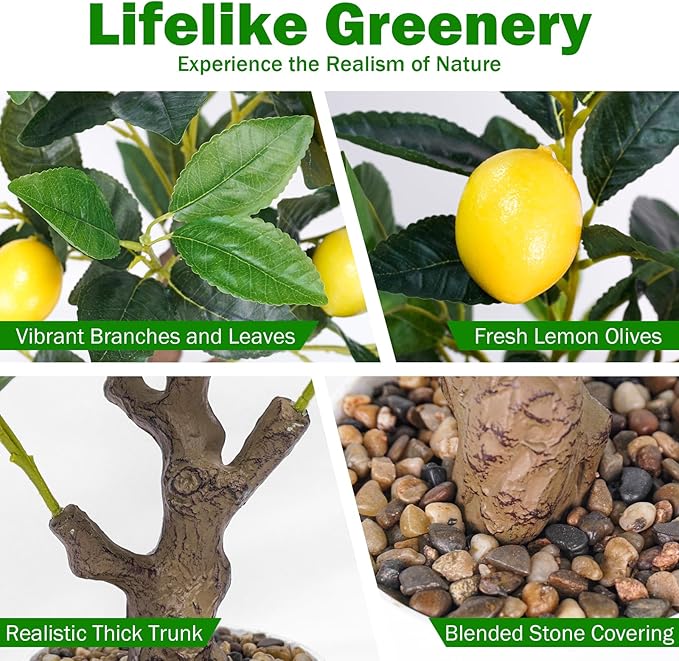 Caxchiling 24Inch Fake Lemon Tree, Lemon Decor for Tabletop, Desk, Centerpiece, Home, Kitchen, Living Room, Artificial Potted Plants with White Planter and Stone Cover