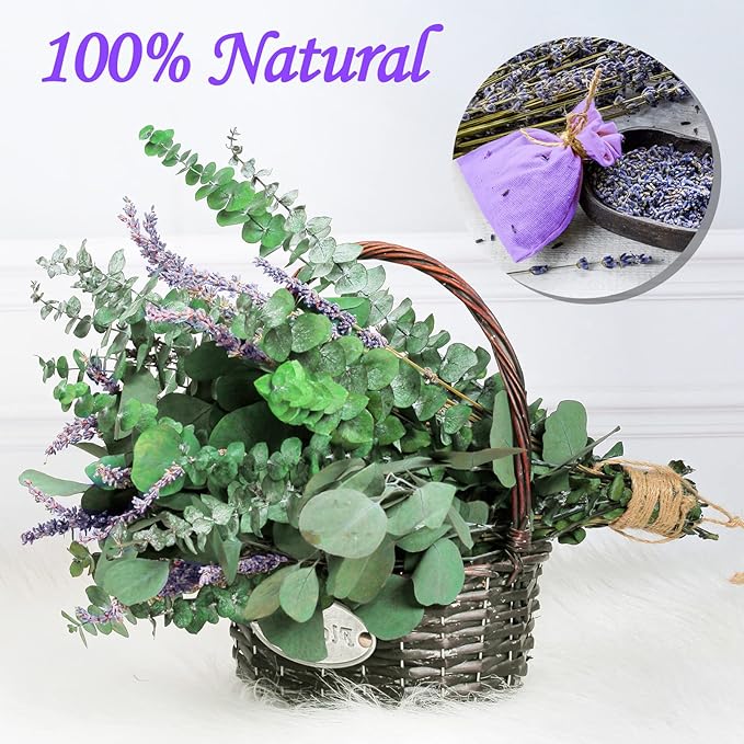 115 PCS Large Dried Preserved Eucalyptus Stems & Lavender Flowers Bundle for Shower, 17'' Real Fresh Hanging Silver Dollar Leaves, Aromatic Self-Care Shower Plants, Natural Fragrance, Home Decor