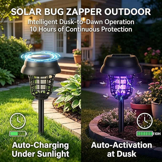 4 Pack Upgraded Solar Bug Zapper Outdoor Waterproof Mosquito Repellent Outdoor Patio Mosquito Trap & Killer for Moths, Gnats, Flies, Small Flying Insect, Fly Zapper Solar Powered for Garden,Backyard