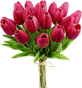 Mandy's Hot Pink Artificial Tulips Flowers Centerpiece, 13.5" Lifelike PU Fake Floral Stems 20pcs for Kitchen Island & Dining Table, Spring Decor for Easter