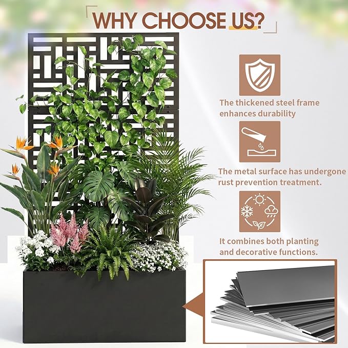 Outvita Metal Planter Box with Trellis, 44’’ x 24’’ x 9’’ Raised Garden Bed with Drainage Holes for Climbing Plants, Vegetables, Vines, Privacy Planters for Patio (Black)