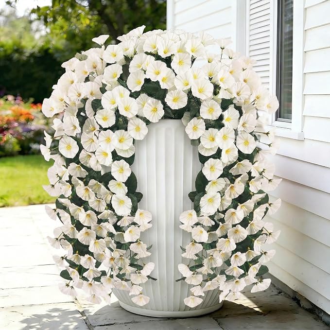 Artificial Flowers for Outdoors Fake White Morning Glory Hanging Flower Decoration, 2Pcs Realistic Faux Plants Petunias Long Trailing Vines,Spring Decor for Porch Patio Balcony Planter Yard