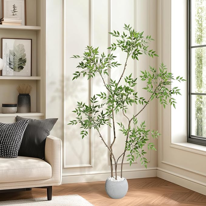 GarveeHome Artificial Plants Indoor, 5 ft Tall Faux Floor Plant in Pot, Nandina Artificial Tree with Grey Planter for Home Decor Office Living Room