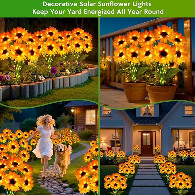 Solar Sunflower Lights Outdoor Garden Decor, 4 Pack Solar Flowers Lights with 18 Sunflowers, Waterproof Fall Decor Stake Decorative Light Auto ON/Off for Garden Yard Patio, Gift for Women