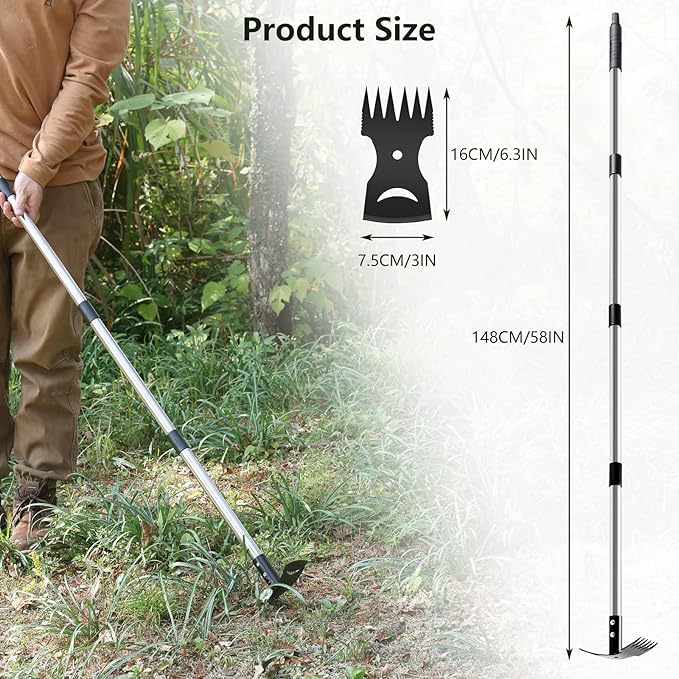 Mitclear Weed Puller Tool with Long Handle(58IN), 2-in-1 Gardening Hand Tools Weeds Remover, Weeder Rake & Garden Hoe Combo, Manual Weeding Puller Tool for Garden Yard Patio Lawn
