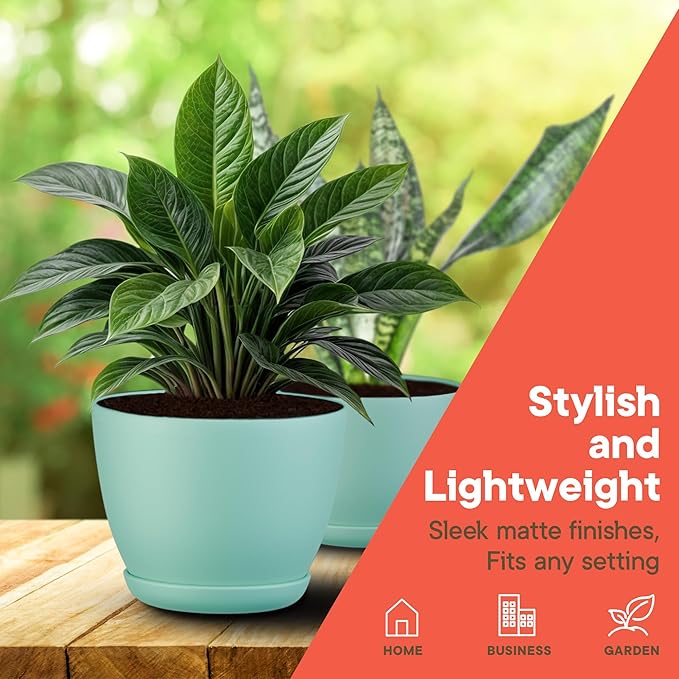 Planter Pots with Drainage Holes - Lightweight, Durable, and Space-Saving Pots for Indoor and Outdoor - Versatile Functionality, Simple Modern Design, Set of 10 Plastic Planter Pots - Aqua