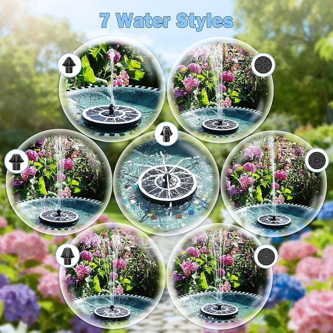 Yzert Solar Fountain Pump with 2000mah Battery 3.5W, 3-Level Adjustable Water Height, Rotating Rods, Works in Shadow, 7 Nozzles, 2026 Glass Outdoor Fountain for Bird Bath, Garden, Pond