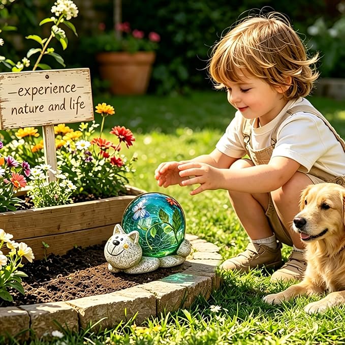 Afirst Solar Garden Statues Outdoor Figurines - Cat Lawn Ornament with Solar Lights Cracked Glass Outdoor Decor for Patio Yard Decorations