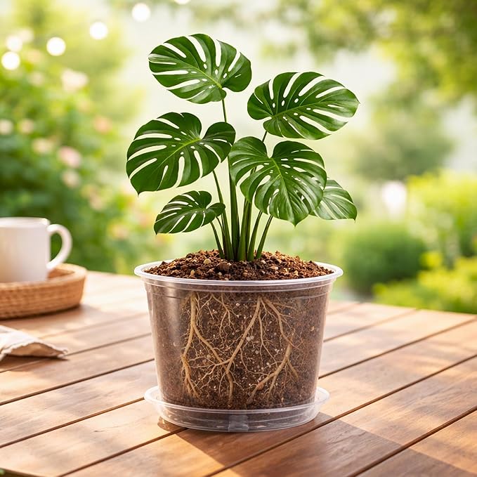 Bluepro 8 Packs 8 Inch Reinforced Large Clear Nursery Pots with Saucers, Transparent Plastic Plant Pot Seedling Planter with Drainage Holes for Vegetable Propagation, Root Cutting, Seed Starting