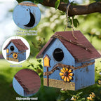 DoubleFill 2 Pcs Birdhouses for Outdoor Hanging Yard Outside Wooden Birdhouse Hand Painted Bird Box for Bird Lovers Bluebird Tree Garden Decor Decorative Birdhouse(Red,Blue,Wooden Roof)