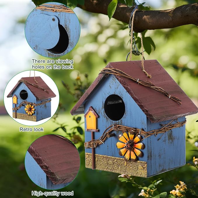 DoubleFill 2 Pcs Birdhouses for Outdoor Hanging Yard Outside Wooden Birdhouse Hand Painted Bird Box for Bird Lovers Bluebird Tree Garden Decor Decorative Birdhouse(Red,Blue,Wooden Roof)