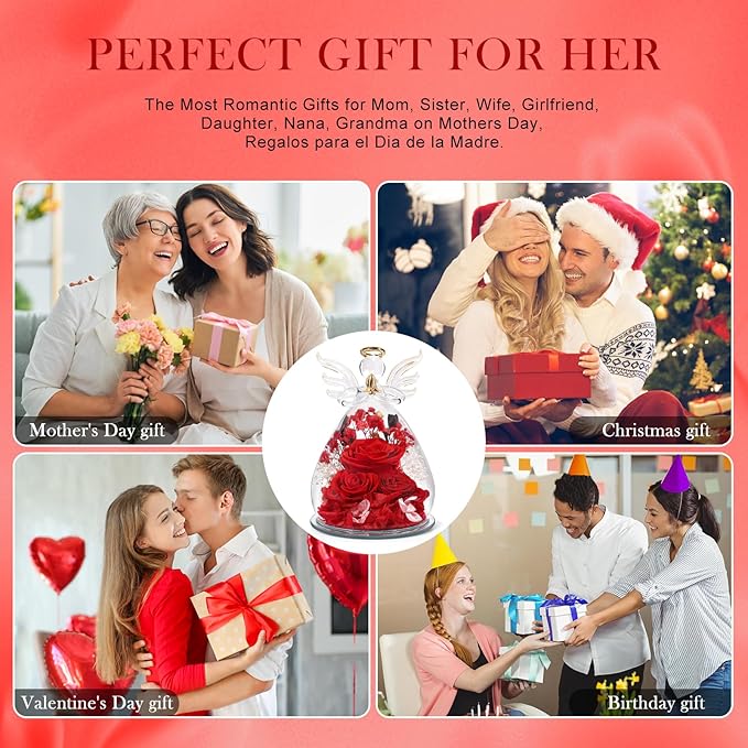 Gifts for Mom Mothers Day Birthday Gifts for Women Preserved Rose Forever Flower in Glass Angel Figurines Fresh Flowers for Delivery Anniversary Real Colorful Roses for Grandma Her Wife from Daughter