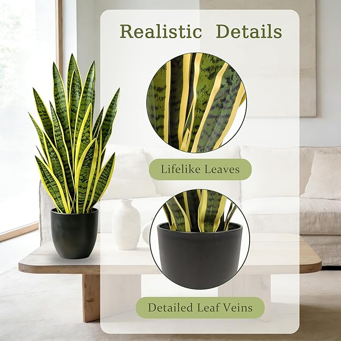 Fake Snake Plant, 27" Artificial Potted Plants with Black Pot, Realistic Faux Plants for Home Decor, Low Maintenance No Watering Needed for Desk Corner Office & Pet Areas (2 Pack)