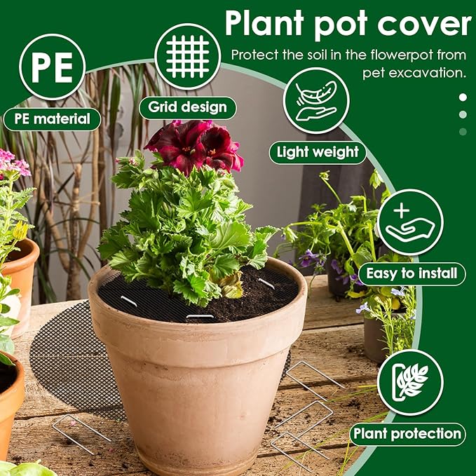 10 Pcs 11.8 Inch Pot Covers to Keep Cats Out, Cuttable Flower Pot Cover Protects Flower Soil from Animals and Children, with 10 Metal Stakes for Indoor Outdoor Garden Plant