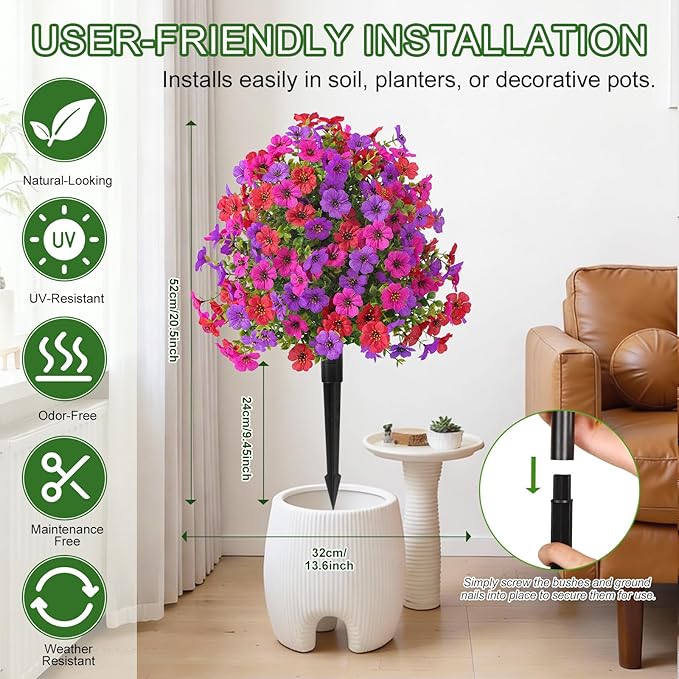 Alupssuc 2Pcs 20" Artificial Topiary Ball Flowers for Outdoors, Spring Decoration with Spike, UV Resistant Faux Summer Plants, Fake Bushes Indoor Decor, Red Rose Purple for Garden, Porch & Patio, Home