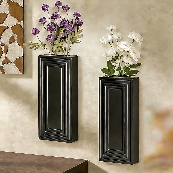 Wooden Wall Planter Vase,2 Pack Hanging Planter for Indoor Fake Plants Modern Boho Farmhouse Wall Art Decor for Home Indoor Kitchen Modern Farmhouse Bathroom Living Room Dining Room(Black)