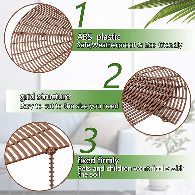 Newtay 4 Pcs Plant Pot Grid Soil Protector Covers Cuttable Flower Protector from Animals Cat Squirrel Digging Stopper Plant Pot Cover with Stake for Indoor Outdoor Gardening (20.5 +11.8 Inch,Brown)