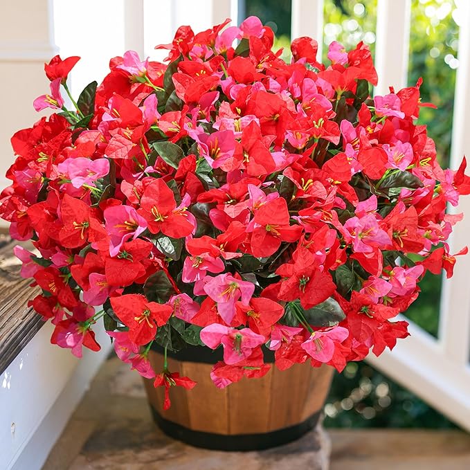 Artificial Flowers for Outdoors Outside Spring Summer Decor, 4 Bundles Silk Bougainvillea Fake Plants Faux Outdoor Flowers for Planters UV Resistant Realistic for Porch Window Garden Home, RedHotpink
