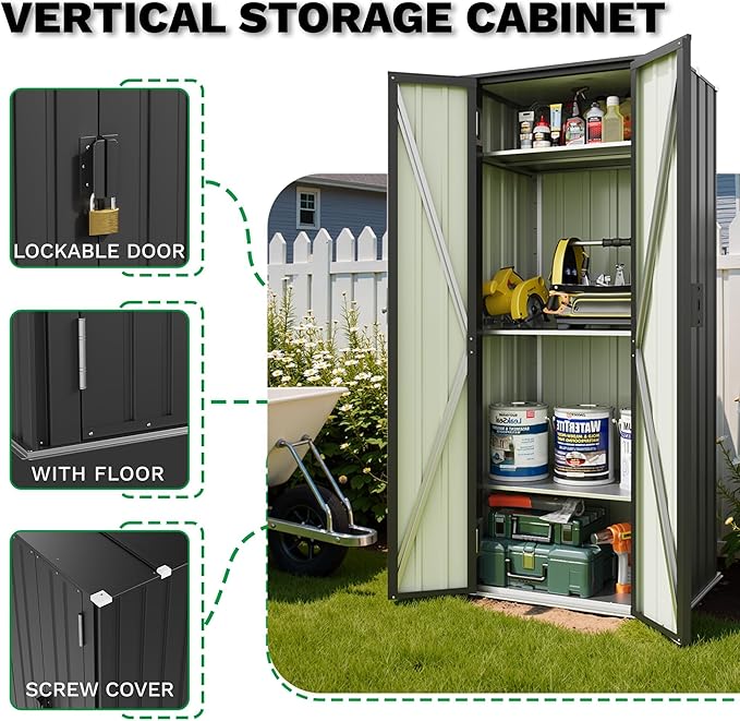Patiowell 28 Cuft Outdoor Storage Shed with Adjustable Shelves, Metal Vertical Storage Cabinet with Lockable Door, Outdoor Waterproof Tool Garden Shed for Backyard Lawn Patio, Black