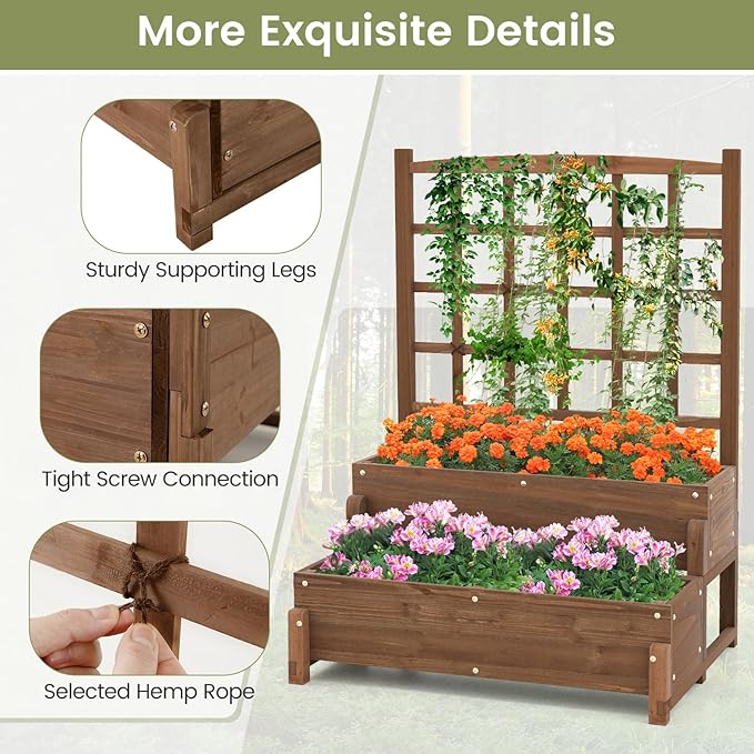 2 Pieces Raised Garden Bed with Trellis, 2-Tier Wooden Elevated Planter Box with Legs, Hemp Rope & Drainage Holes, Raised Plant Bed for Backyard, Garden, Lawn