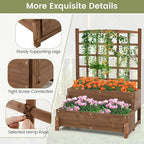 2-Tier Raised Garden Bed with Trellis, Wooden Elevated Planter Box with Legs, Hemp Rope & Drainage Holes, Raised Plant Bed for Backyard, Garden, Lawn