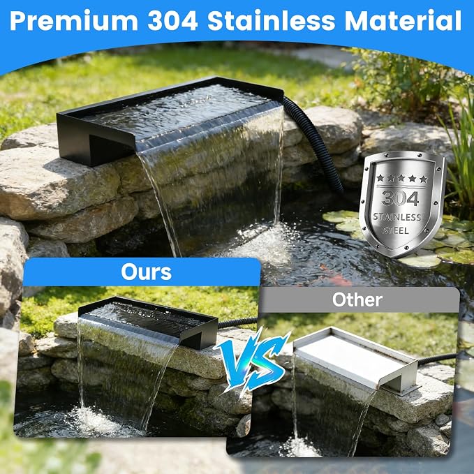 POPOSOAP 24 Inch Pond Waterfall Spillway Kit, RGB Multi-Color LED Lights Pond Waterfall with 1200GPH Pond Pump & 304 Stainless Steel, APP/Remote Control for Pond Garden Fish Tank Water Features-P46DC