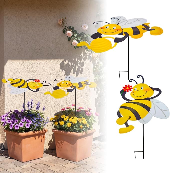 2 Pack Metal Bee Plant Umbrellas for Outdoor Plants, 24.6 Inch Decorative Plant Shade Cover, Cute Bee Garden Stakes Outdoor for Small Potted Plants, Flower Pots, Planters, Patio Porch Decor