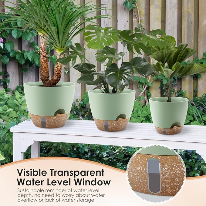 QRRICA Self-Watering Plant Pots with Water Level Indicator, Drainage Holes & Saucers – 12/10/9 Inch Large Plastic Planter Set for Indoor & Outdoor Plants (Green)