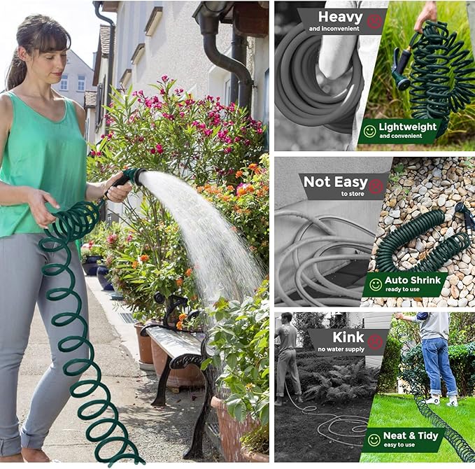 Coil Hose 50FT EVA Coil Garden Hose With 3/4'' Brass Connector Coiled Water Hose Lightweight And No Kink Includes 7 Patterns Spray Nozzle For Outdoors Lawn Watering Car Washing