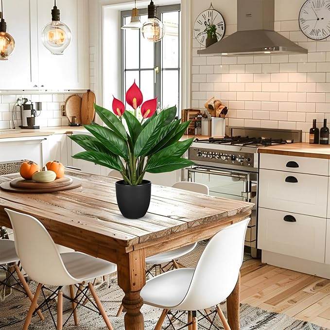 GnFlus 20'' Realistic Red Anthurium Artificial Potted Plant, Fake Flowers for Home Office Farmhouse Kitchen Bathroom Table Shelf Decor