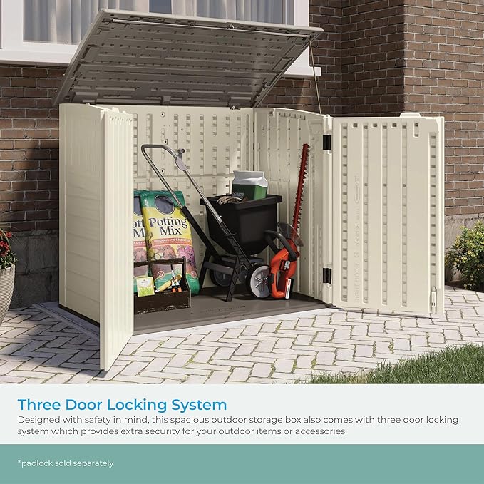 Suncast 4 Pack 34 Cu Ft Capacity Horizontal Outdoor Storage Shed for Garbage Cans, Garden Accessories, Backyard, and Patio Use, Vanilla