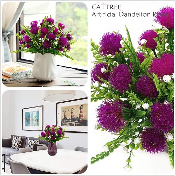 Artificial Dandelion Plants Decor, Fake Plastic Flowers Shrubs Bushes Grass for Indoor Outdoor Home Garden Wedding Party Table Centerpieces Arrangements Decoration Planting Filler Fuchsia 4 Pack