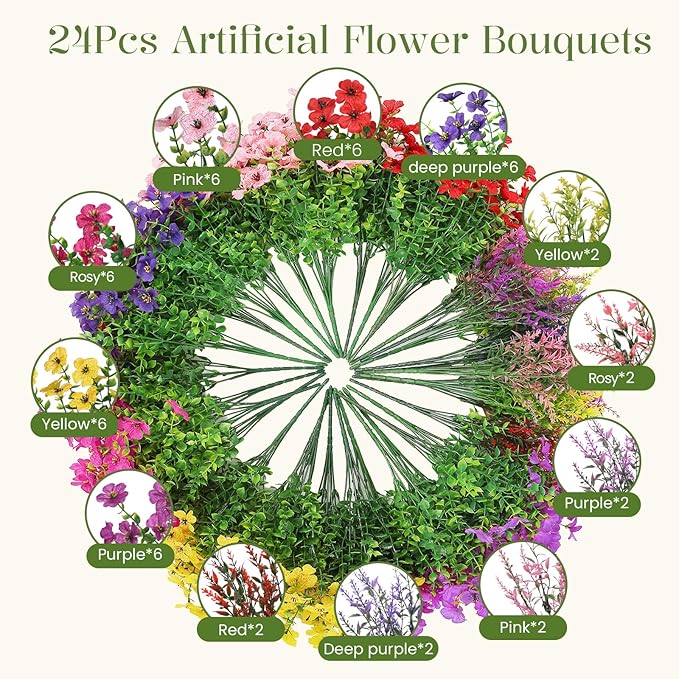 SHareconn 48 Bundles Artificial Flowers for Outdoors Decoration, Faux Plants Fake Silk Colorful Daisy Eucalyptus Lavender, UV Resistant for Outside Home Porch Indoor Spring Decor, 6 Colors incl. Red