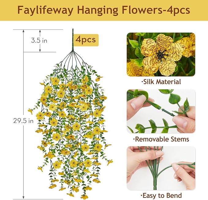 Artificial Hanging Flowers for Outdoors Spring Summer Decoration, 4PCS UV Resistant Silk Fake Hanging Plants for Patio Porch Front Yard Window Garden Indoor Decor(Yellow,4PCS)