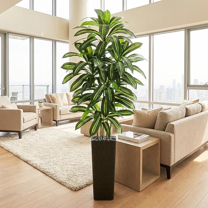 Artificial Dracaena Tree：7FT Faux Silk Tropical Yucca Floor Trees Realistic Fake Green Plant with Natural Wood Trunk & Lifelike Leaves for Home Office Decor Indoor & Outdoor (7FT,1-Pack,Black)