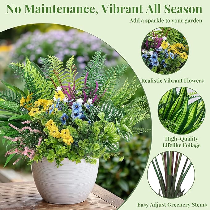 Alupssuc 48Pcs Artificial Flowers and Plants,UV Resistant & No Fade Fake Plastic Greenery Shrubs for Home Garden, Pathway, Front Porch-Spring Summer Decor, Indoor/Outdoor Use,Pink Purple Yellow Blue