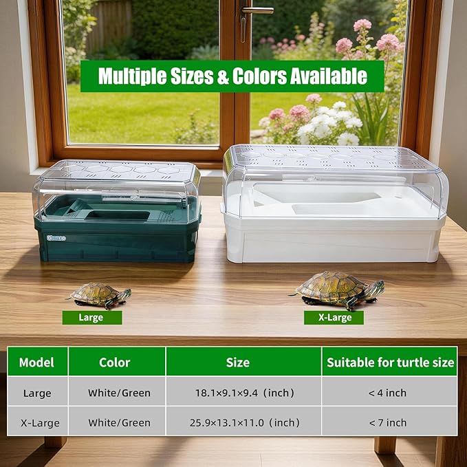 Turtle Tank Kit with 3-Stage Filter, Basking Platform & Heat Lamp - Complete Turtle Aquarium Habitat for Water Turtles, Enclosure or Hermit Crab Tank, Easy Drain Starter Kit White, 25.9 Inch