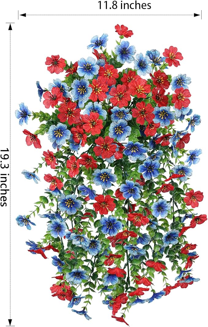 HyeFlora Faux Flowers for Outdoors Decoration, 2Pcs Artificial Fake Hanging Spring Summer Decor, Red and Blue Realistic Plants, UV & Fading Resistant Silk Flower for Porch Patio Balcony Planter Yard