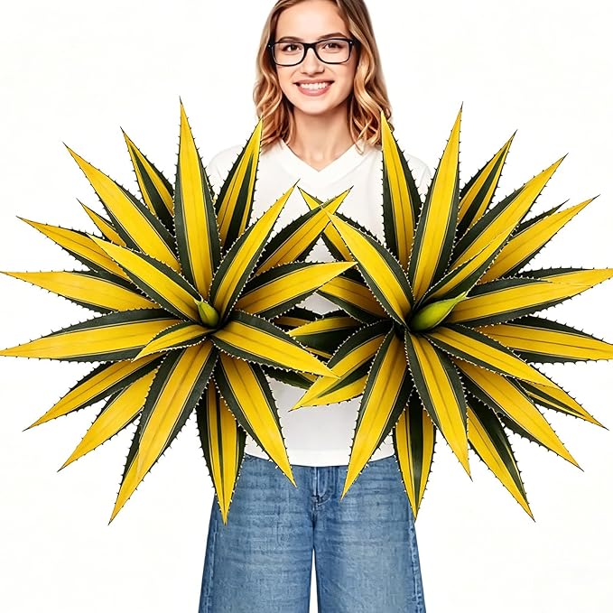 Artificial Green Edged Gold Leaf Spiny Agave Plant with 23 Leaves, 19.68in Faux Agave for Indoor & Outdoor Home Decor Perfect for Porch Living Room Bedroom Patio & Office （2 Pack）
