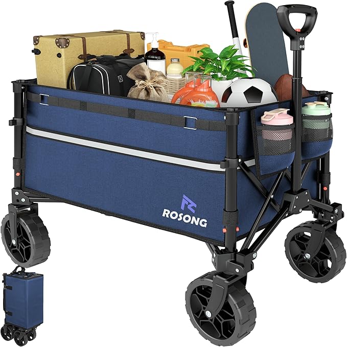 ROSONG Collapsible Wagon Cart with Wheels Foldable - Folding Utility Heavy Duty Wagons Carts for Grocery Sports Garden Shopping Camping Wheelbarrows (Navy Blue, 120L)