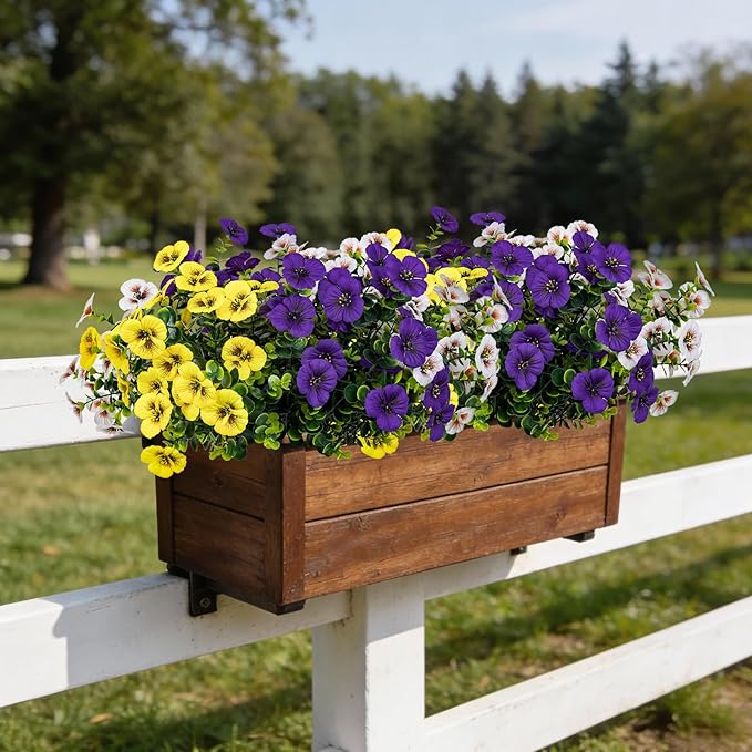 17 Inch Artificial Faux Pansy Flowers for Outdoor,Fake Pansies Flowers with Eucalyptus Leaves Fake Plants Greenery Boxwood Porch Patio Decor 6 Bundles(Dark Purple, Yellow, White)