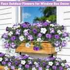 Artificial Flowers Plants for Outdoors, 6PCS UV Resistant Faux Flowers Outdoor Plants, Fake Petunias Silk Flowers for Garden Balcony Yard Porch Decor (White Purple)